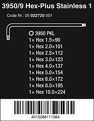 Wera - 5022720001 Stainless 3950 PKL/9 Ball-point Metric Hex-Plus Ergonomic L-Key Set with Two-Component Storage Clip, 9-Piece