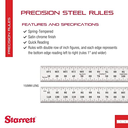 Starrett Spring Tempered Steel Rule with Satin Chrome Finish, Quick Reading and Millimeter Graduations - 150mm Length, 35 Graduation Type, 1.2mm Thickness - C635-150