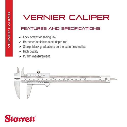 Starrett Vernier Caliper with Hardened Stainless Steel Depth Rod, Lock Screw and Sharp, Black Graduations - Metric, English, 0-6" Range, 001" Graduations - 125MEA-6/150