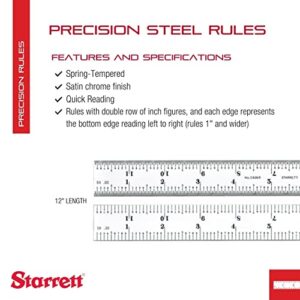 Starrett Spring Tempered Steel Rule with Satin Chrome Finish, Quick Reading and Inch Graduations - 12" Length, 6R Graduation Type, 3/64" Thickness - C606R-12