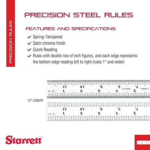 Starrett Spring Tempered Steel Rule with Satin Chrome Finish, Quick Reading and Inch Graduations - 12" Length, 6R Graduation Type, 3/64" Thickness - C606R-12