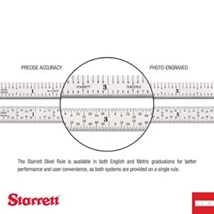 Starrett Spring Tempered Steel Rule with Satin Chrome Finish, Quick Reading and Inch Graduations - 12" Length, 6R Graduation Type, 3/64" Thickness - C606R-12