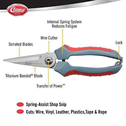 Clauss 8" Titanium Snips with Wire Cutter, Spring-Assist, Serrated Blades, Gray (18039)