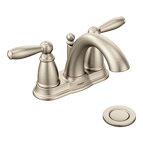 Moen Brantford Brushed Nickel Two-Handle Low-Arc Centerset Bathroom Faucet with Drain Assembly, 6610BN, 0.5