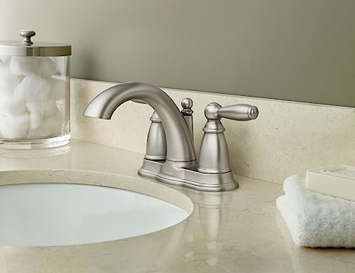 Moen Brantford Brushed Nickel Two-Handle Low-Arc Centerset Bathroom Faucet with Drain Assembly, 6610BN, 0.5