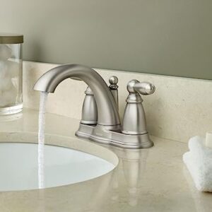 Moen Brantford Brushed Nickel Two-Handle Low-Arc Centerset Bathroom Faucet with Drain Assembly, 6610BN, 0.5