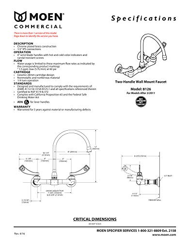 Moen M-DURA Commercial Chrome Two-Handle Wall Mount Utility Faucet, 8126