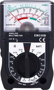 power gear multimeter, 14 range, battery tester, 250v, analog, measures voltage (ac, dc) and resistance, 6-function non-recording, black