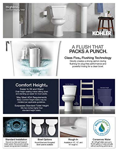 Kohler K-3493-0 Highline Classic Pressure Lite Comfort Height Elongated 1.6 gpf Toilet with Left-Hand Trip Lever, Less Seat, White