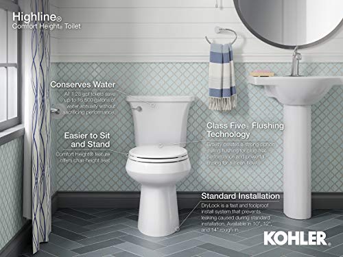 Kohler K-3493-0 Highline Classic Pressure Lite Comfort Height Elongated 1.6 gpf Toilet with Left-Hand Trip Lever, Less Seat, White