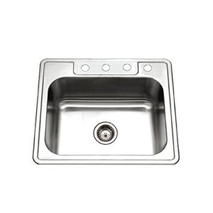 houzer stainless steel 2522-9bs4-1 glowtone series kitchen sink - topmount single bowl basin drop in, 4 faucet holes for side sprayer or soap dispenser, 9-inch deep, ideal workstation rv
