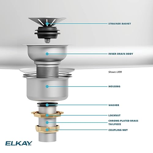 Elkay LK99 3-1/2" Deluxe Drain with Type 304 Stainless Steel Body, Strainer Basket, Rubber Seal, and Tailpiece