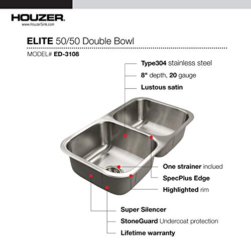 HOUZER ED-3108-1 Elite Series Undermount Stainless Steel 50/50 Double Bowl Kitchen Sink, Satin