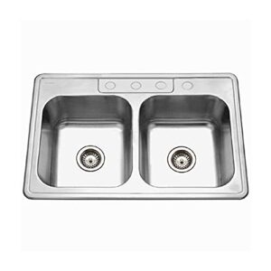 houzer 3322-9bs4-1 stainless steel glowtone double bowl drop sink, 33-by-22-by-9-inch, 9 inch depth / 18 inch gauge-4 holes