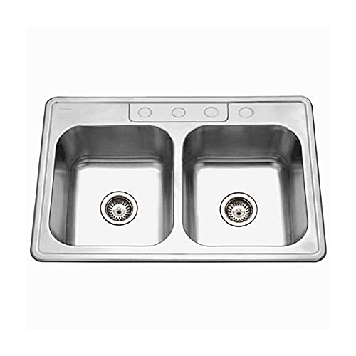 HOUZER 3322-9BS4-1 Stainless Steel Glowtone Double Bowl Drop Sink, 33-by-22-by-9-Inch, 9 Inch Depth / 18 Inch Gauge-4 Holes