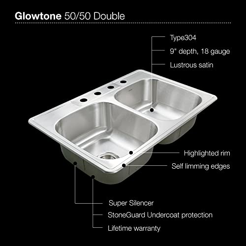 HOUZER 3322-9BS4-1 Stainless Steel Glowtone Double Bowl Drop Sink, 33-by-22-by-9-Inch, 9 Inch Depth / 18 Inch Gauge-4 Holes