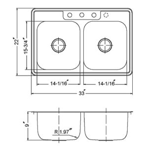 HOUZER 3322-9BS4-1 Stainless Steel Glowtone Double Bowl Drop Sink, 33-by-22-by-9-Inch, 9 Inch Depth / 18 Inch Gauge-4 Holes