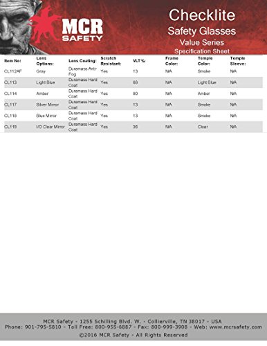 MCR Safety Glasses CL110 Checklite Clear Lens with UV Protection and Scratch Resistant Coating, 1 Pair