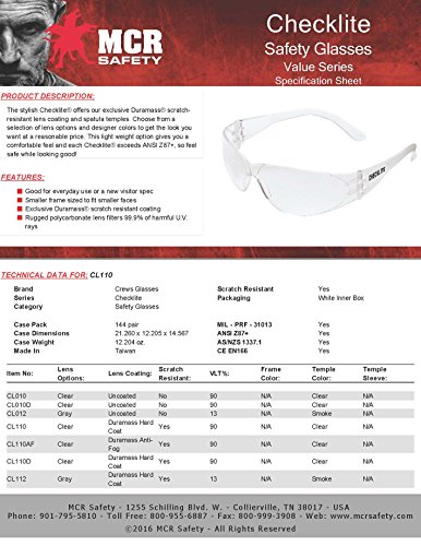 MCR Safety Glasses CL110 Checklite Clear Lens with UV Protection and Scratch Resistant Coating, 1 Pair