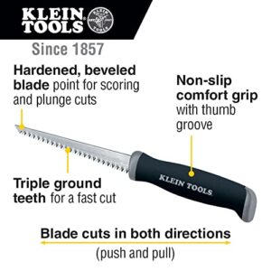 Klein Tools 725 Jab Saw, Triple Ground Teeth, Cuts Drywall, Wallboard, Plywood and Plastic, Hardened Carbon Steel Blade, Beveled Point