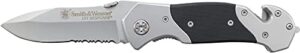 smith & wesson swfrs 8in high carbon s.s. folding knife with 3.3in drop point serrated blade and s.s. with g-10 inlay handle for outdoor, tactical, survival and edc