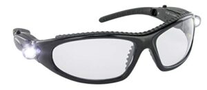 led inspectors safety eyewear glasses. black frame and clear lens. ultra bright built-in led lights. 99.9% uv protection. high-impact polycarbonate lens. (5420)