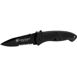 smith & wesson large s.w.a.t. swatlbs 8.5in s.s. assisted opening knife with 3.7in serrated drop point blade and aluminum handle for tactical, survival and edc, one size, black