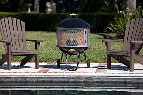 Fire Sense 01471 Fire Pit Bessemer Rolling Patio Fireplace Wooden Bonfire Porcelain Enamel Wood Burning with Wheels & Handle Grip for Outdoor Entertaining - Black & Silver - 28"