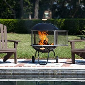 Fire Sense 01471 Fire Pit Bessemer Rolling Patio Fireplace Wooden Bonfire Porcelain Enamel Wood Burning with Wheels & Handle Grip for Outdoor Entertaining - Black & Silver - 28"