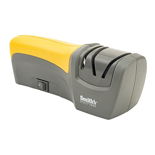 Smith’s 50005 Edge Pro Compact Electric Knife Sharpener - Yellow & Grey - Straight Edge 2 Stage Sharpener - Electric & Manual Sharpening - Blade Guide - Outdoor & Kitchen - Pocket & Filet Knives