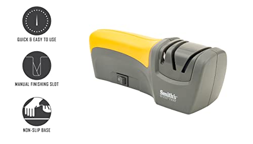 Smith’s 50005 Edge Pro Compact Electric Knife Sharpener - Yellow & Grey - Straight Edge 2 Stage Sharpener - Electric & Manual Sharpening - Blade Guide - Outdoor & Kitchen - Pocket & Filet Knives