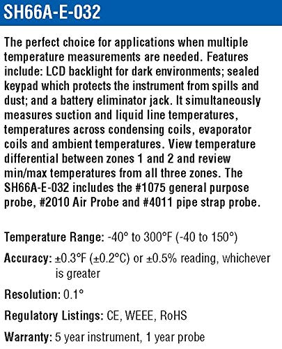 Cooper-Atkins SH66A-E Thermistor Thermometer with LCD Display, Red, -40°F to 300°F Temperature Range