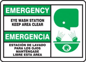 accuform sbmfsd928mvp plastic spanish bilingual sign, "emergency eye wash station keep area clear/emergencia estacion de lavado para los ojos mantengase libre esta area" with graphic, 7" length x 10" width x 0.055" thickness, green/black on white