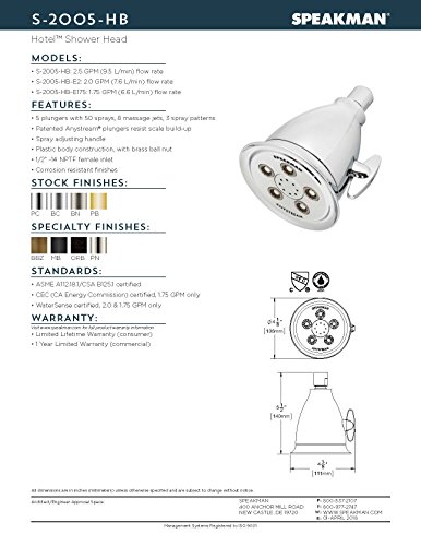 Speakman, Polished Chrome S-2005-HB Hotel Anystream High Pressure Shower Head-2.5 GPM Adjustable Replacement Bathroom Showerhead