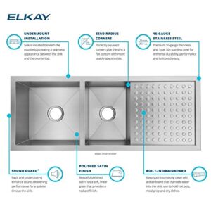 Elkay Crosstown EFU471810DBT 60/40 Double Bowl Undermount Stainless Steel Sink with Drainboard