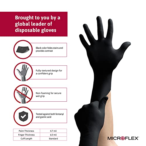 Microflex MK-296 Black Disposable Nitrile Gloves, Latex-Free, Powder-Free Glove for Mechanics, Automotive, Cleaning or Tattoo Applications, Medical/Exam Grade, Size Large, Case of 100 Units