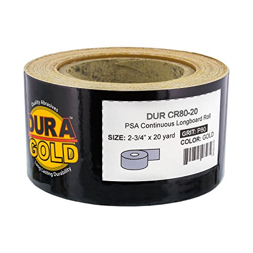 Dura-Gold Premium 80 Grit Gold PSA Longboard Sandpaper 20 Yard Long Continuous Roll, 2-3/4" Wide - Self Adhesive Stickyback Sandpaper for Automotive, Woodworking, Air File Sanders, Hand Sanding Blocks