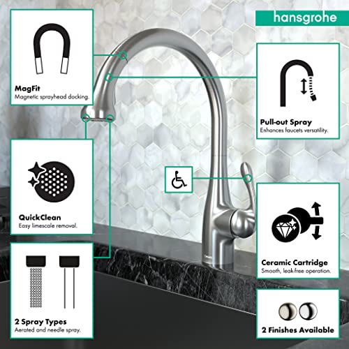 hansgrohe Allegro E Gourmet Stainless Steel Commercial Kitchen Faucet, Kitchen Faucets with Pull Down Sprayer, Faucet for Kitchen Sink, Magnetic Docking Spray Head, Stainless Steel Optic 06460860