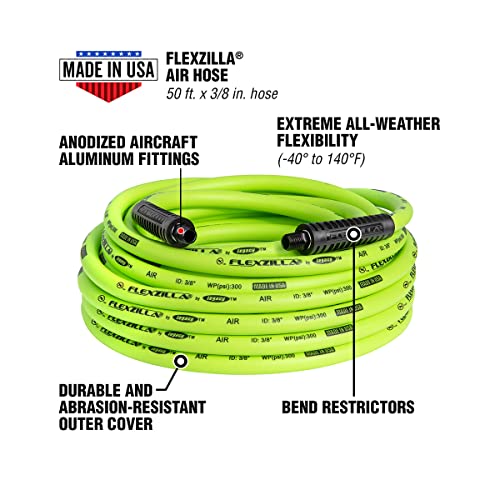 Flexzilla Air Hose, 3/8 in. x 50 ft., 1/4 in. MNPT Fittings, Heavy Duty, Lightweight, Hybrid, ZillaGreen - HFZ3850YW2