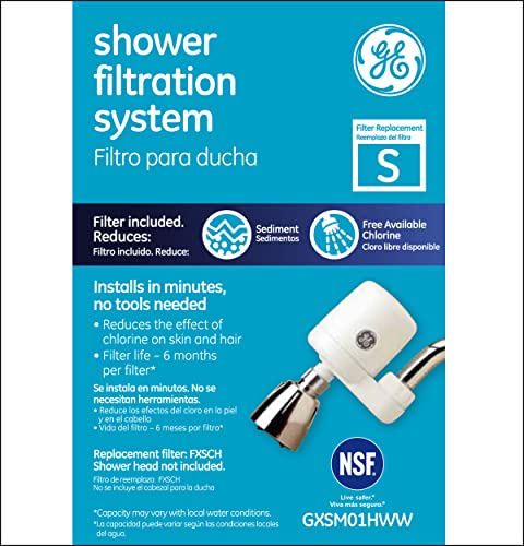 GE Shower Filter System | Connects to Shower Head to Limit Hard Water & Chlorine | Reduce Shower Water Sediment | Easy Install, No Tools Required | Replace Filter (FXSCH) Every 6 Months | GXSM01HWW