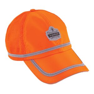 ergodyne glowear 8930 high vis baseball hat, breathable mesh paneling, reflective trim for enhanced visibility,orange