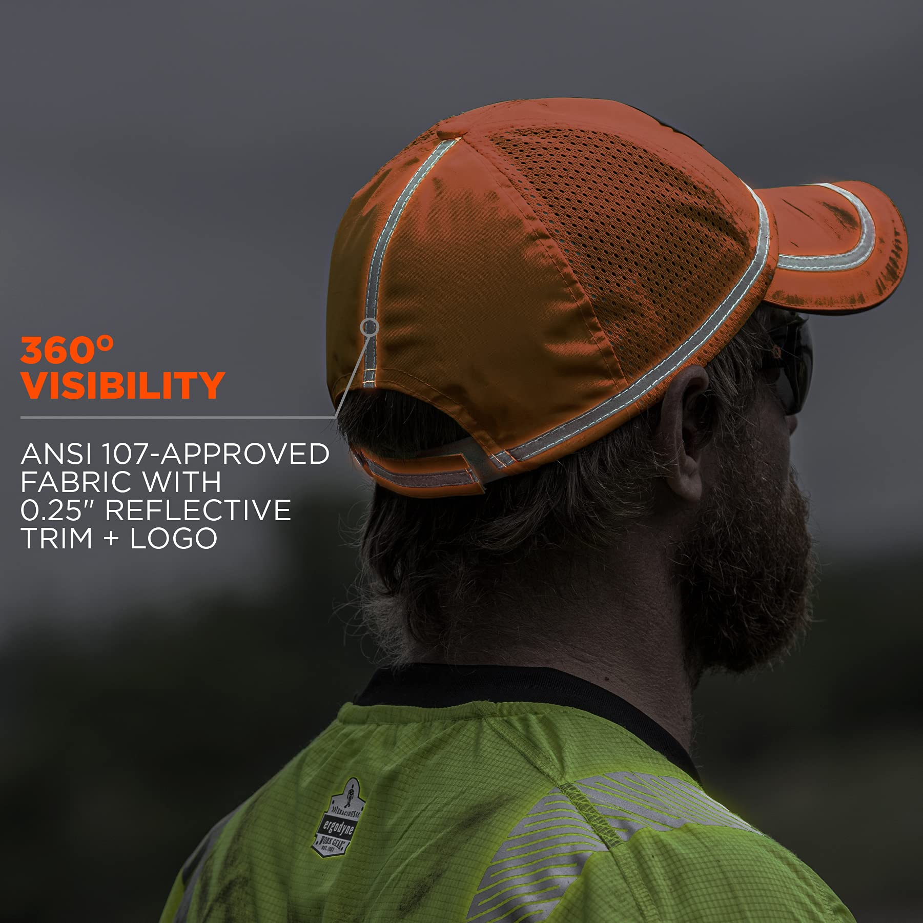 Ergodyne GloWear 8930 High Vis Baseball Hat, Breathable Mesh Paneling, Reflective Trim for Enhanced Visibility,Orange