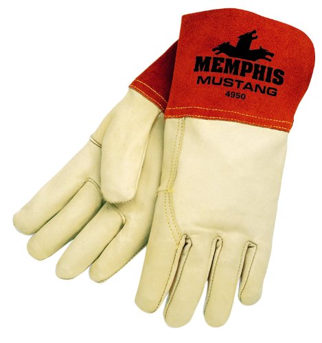 MCR Safety 4950XL Mustang Premium Grain Cow MIG/TIG Welder Men's Gloves with Gauntlet Split Leather Cuff, Cream, X-Large, 1-Pair