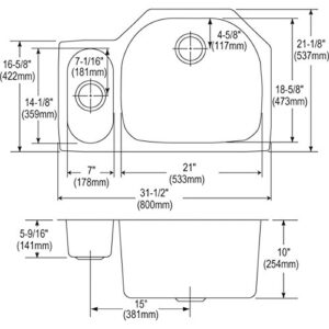 Elkay Lustertone ELUH322110L 30/70 Offset Double Bowl Undermount Stainless Steel Kitchen Sink