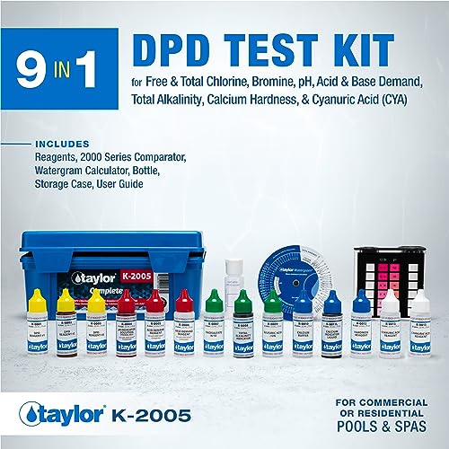 Taylor K-2005 Complete DPD High Range, 9-in-1 Pool & Spa Test Kit for Free & Total Chlorine, Bromine, pH, Acid & Base Demand, Total Alkalinity, Calcium Hardness, Cyanuric Acid | Made in The USA