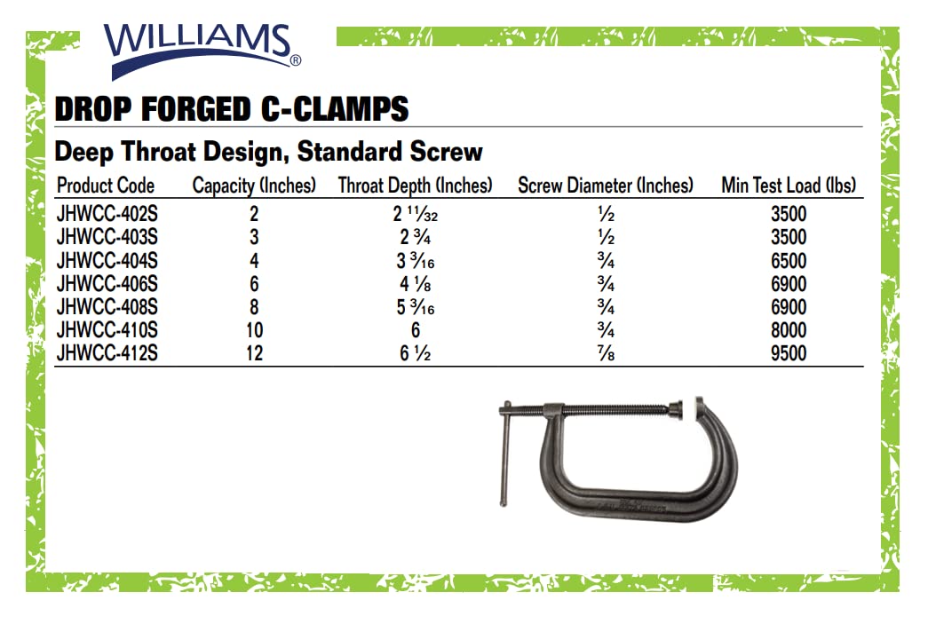 Williams CC-408S 8-Inch Drop Forged C Clamp , Black