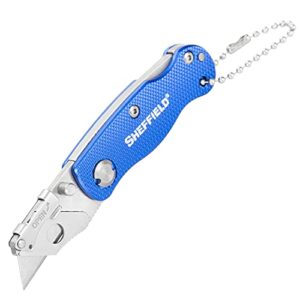 sheffield 12116 mini ultimate lock back utility knife | cut boxes, paper, twine, etc. | extra quick-change blades can be stored in handle | durable & light weight | steel blades, aluminum handle |blue