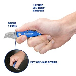 Sheffield 12116 Mini Ultimate Lock Back Utility Knife | Cut Boxes, Paper, Twine, etc. | Extra Quick-Change Blades Can Be Stored in Handle | Durable & Light Weight | Steel Blades, Aluminum Handle |Blue