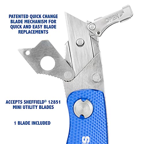 Sheffield 12116 Mini Ultimate Lock Back Utility Knife | Cut Boxes, Paper, Twine, etc. | Extra Quick-Change Blades Can Be Stored in Handle | Durable & Light Weight | Steel Blades, Aluminum Handle |Blue