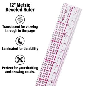 Westcott 10ths/Metric Beveled Ruler, 12-Inch/30cm (B-65), Clear